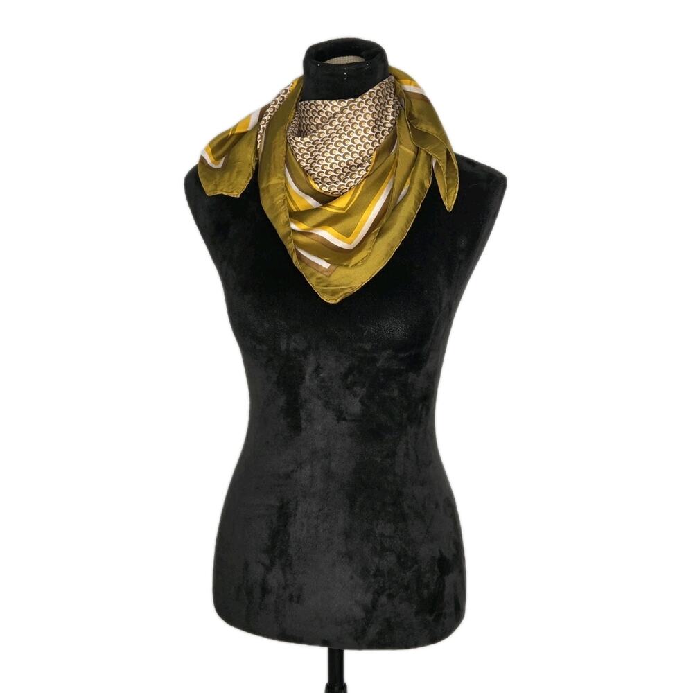 VTG 100% Silk Mod Olive Mustard Geometric 26x26 Square Scarf Retro Mod Wrap - Picture 3 of 5